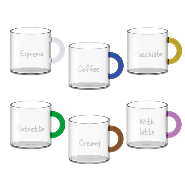 Set of 6 - coffee cups in borosilicate glass with colored handle