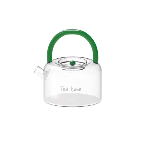 Borosilicate glass teapot with green handle.Tea time. 