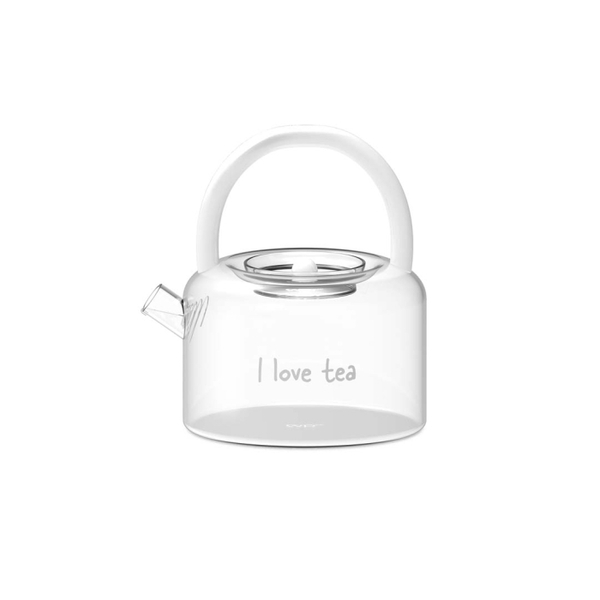 Borosilicate glass teapot with white handle. I love tea. 