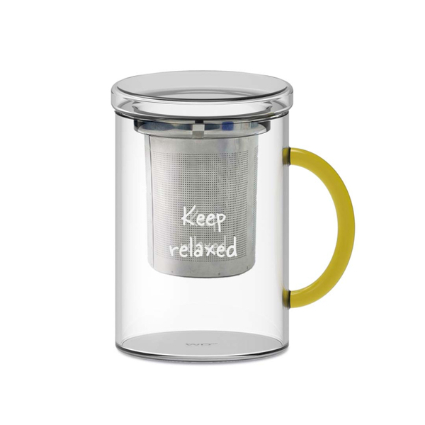 Mug in boros. glass with yellow handle, s.s. filter with glass lid.