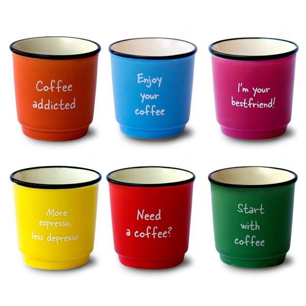 Set of 6 - colored cups with writings