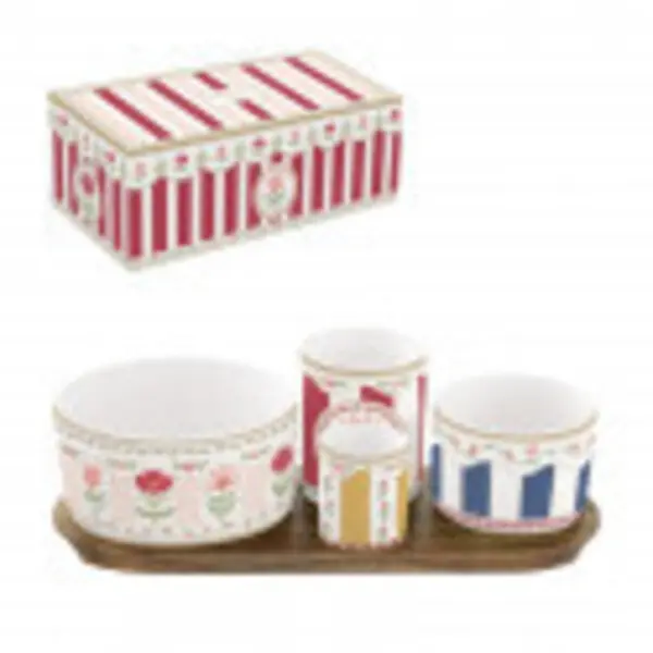 Appetizer Set 29X13 Porcelain Round Bowls On Acacia Tray In Color Box Flowery