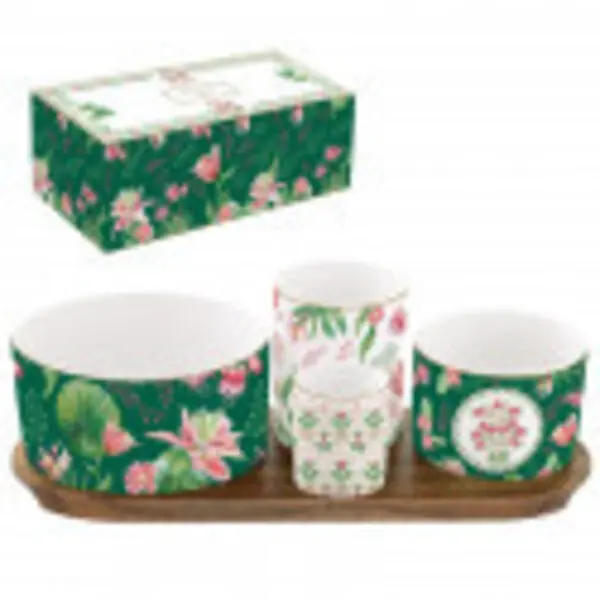 Appetizer set 29x13 w/4 porcelain round bowls on acacia tray in color box BOTANI