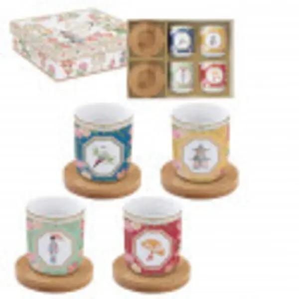 Set 4 porc.coffee cups 110 ml & bamboo saucers in
