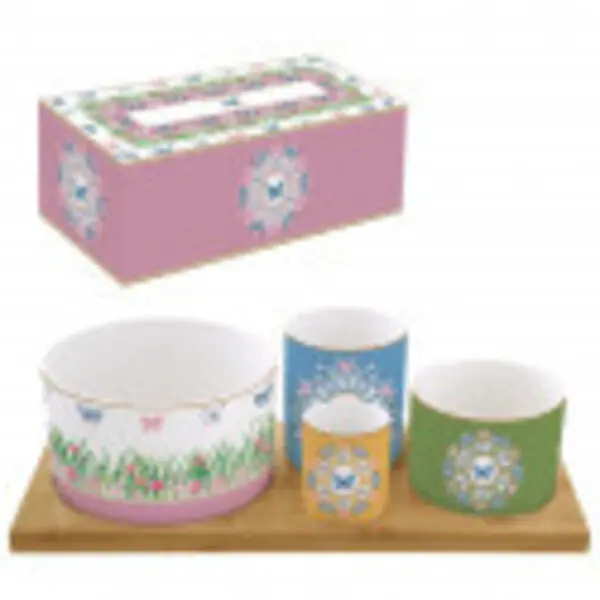 Appetizer Set 29X13 W/4 Porcelain Round Bowls On Bamboo Tray In Color Box Spring Parade