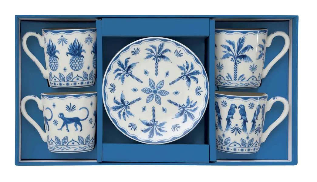 Set 4 porc.coffee cups & saucers 100 ml in gift box EXOTIC VIBES (VERS.BLUE)