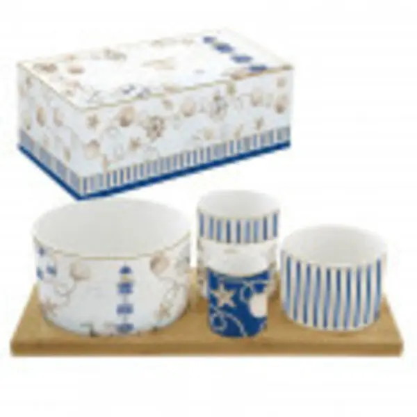 Appetizer set 29x13 w/4 porcelain round bowls on bamboo tray in color box BLUE LIGHTHOUSE