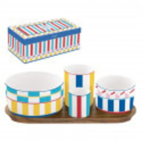 Appetizer set 29x13 w/4 porcelain round bowls on