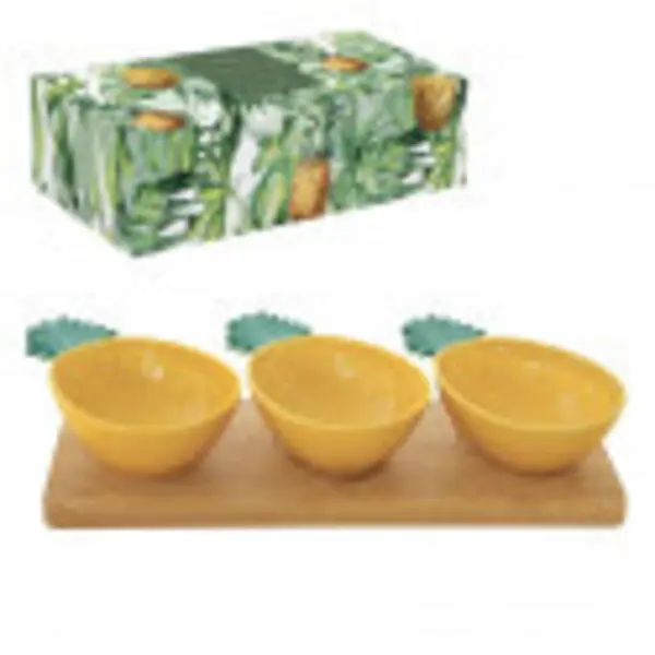 Appet.set 29x11 on bamboo tray w/3 porc.bowls pineapple sh.in c.b. YELLOW-GREEN
