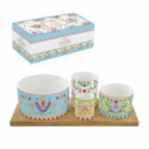 Appetizer set 29x13 w/4 porcelain round bowls on