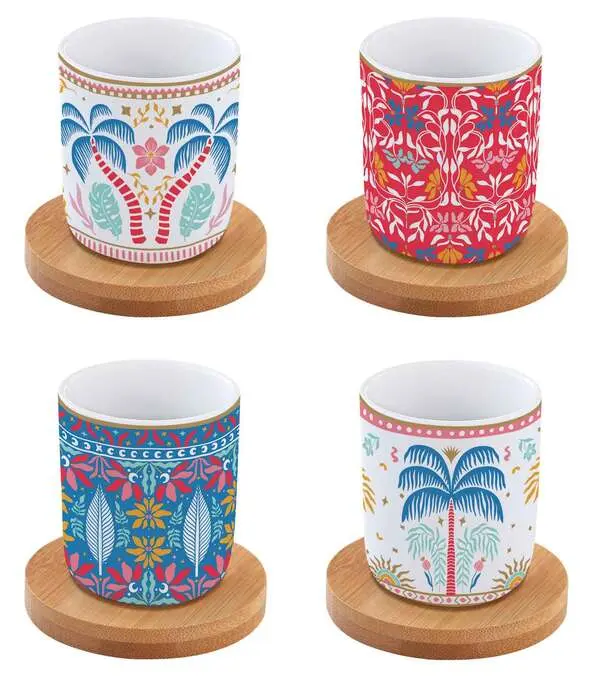 Set 4 porc.coffee cups 110 ml & bamboo saucers in