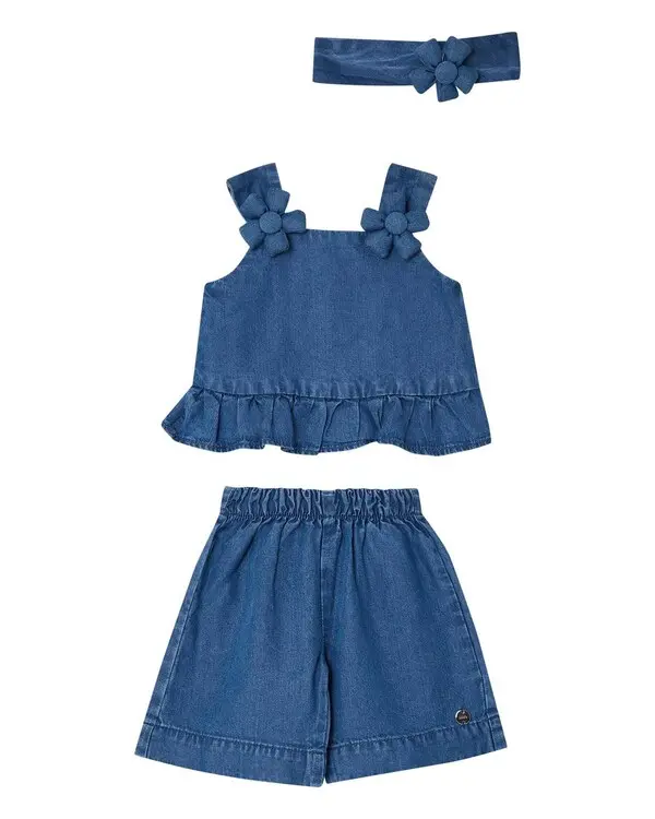 Denim Top and Shorts Set with Headband