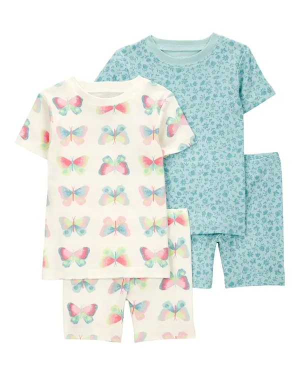 Butterfly Print Snug Fit Cotton 4-Piece Pyjamas