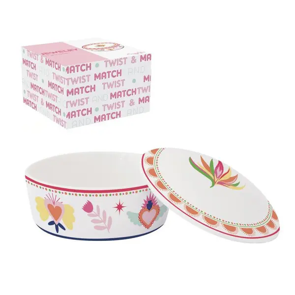 Porc.jewelry round box Ø 10 cm w/lid in color box TWIST & MATCH AQUAMARINE-PINK