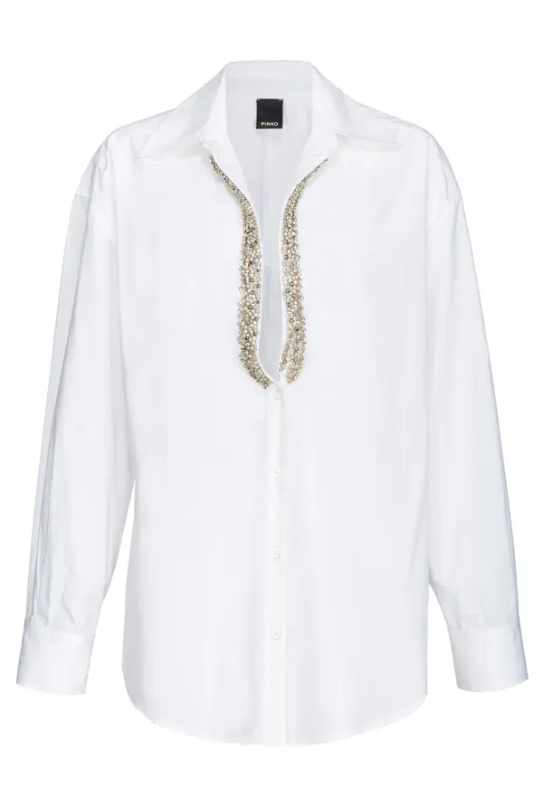 
V-neck white shirt with rhinestones