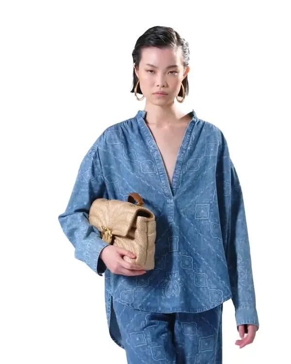 V-neck bandana-print denim blouse