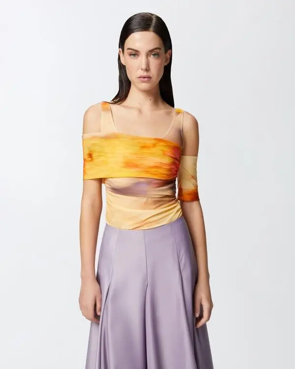Sleeveless Asymmetric bodysuit with landscape