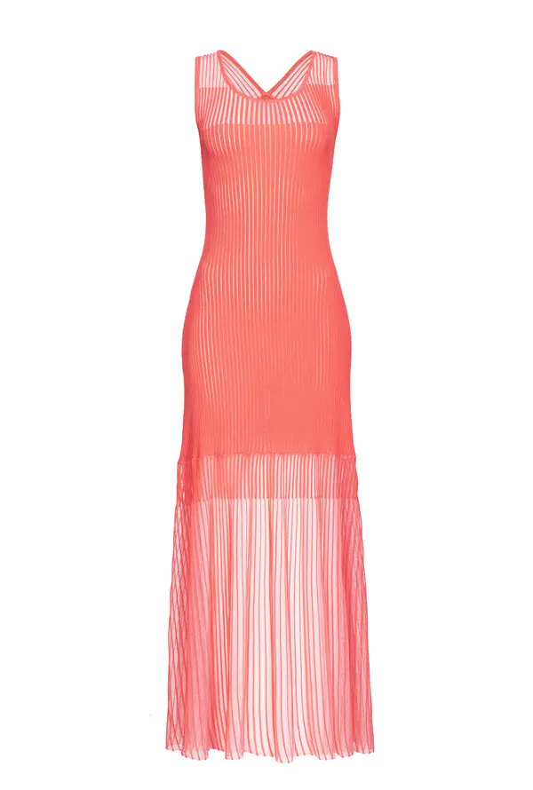 Rib Knit Long Dress with sheer Hem