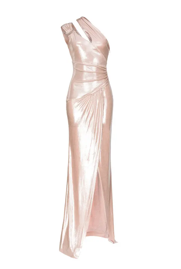 laminated one-shoulder Long dress with slit