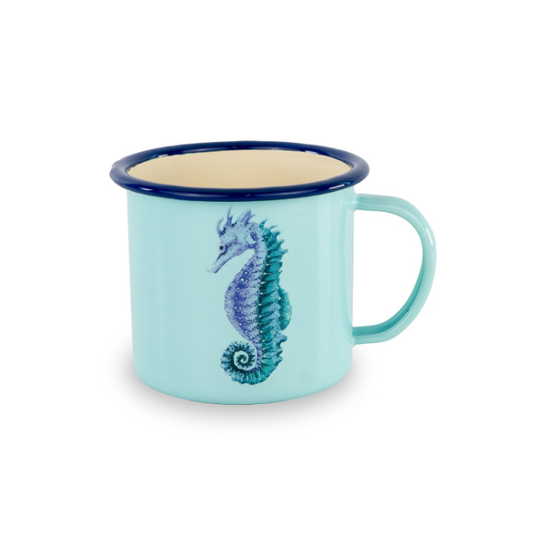 Enamelled tin mug. Capacity 350ml. Seahorse decoration.