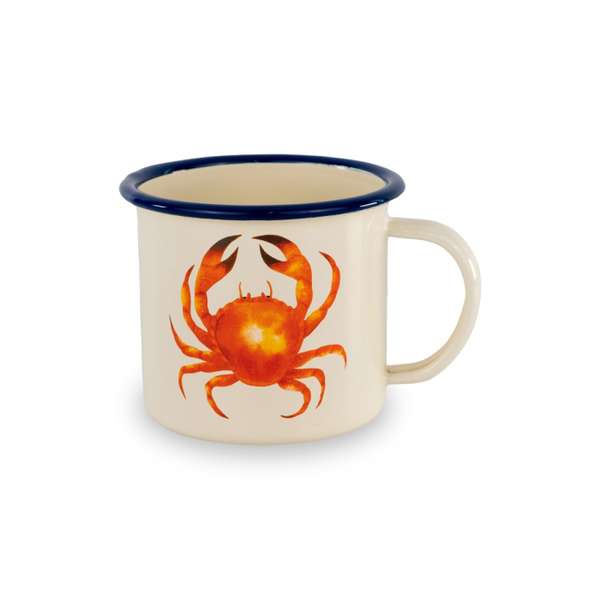 Enamelled tin mug. Capacity 350ml. Crab decoration.