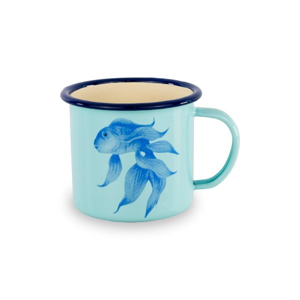 Enamelled tin mug. Capacity 350ml. Fish decoration.