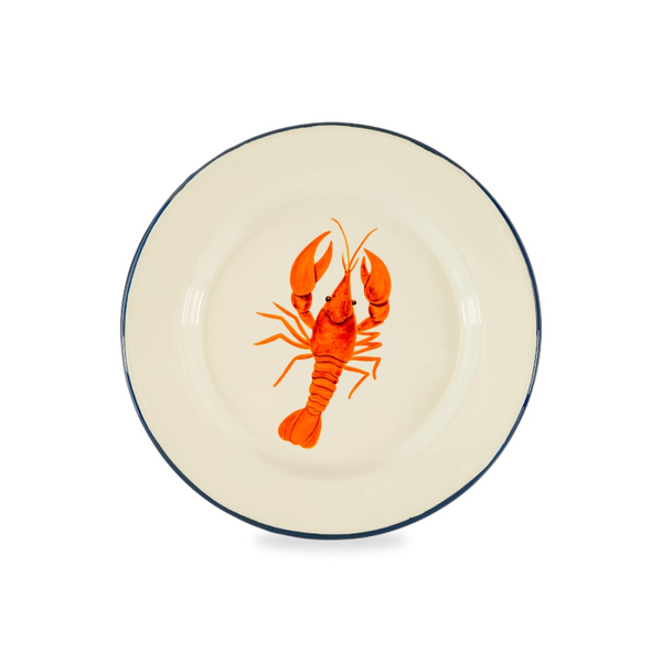 Enamelled tin plate Ø 25 cm. Lobster decoration.