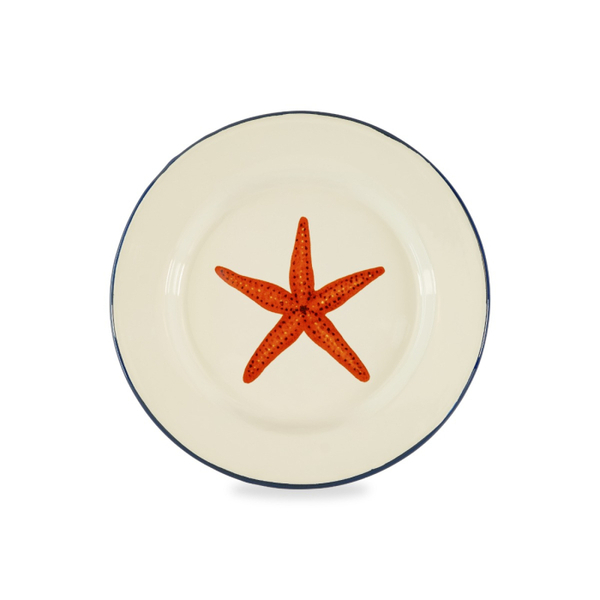 Enamelled tin plate Ø 25 cm. Starfish decoration.