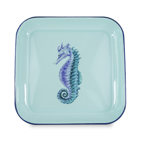 Enamelled tin pocket emptier 30 x 30 cm. Seahorse decoration.