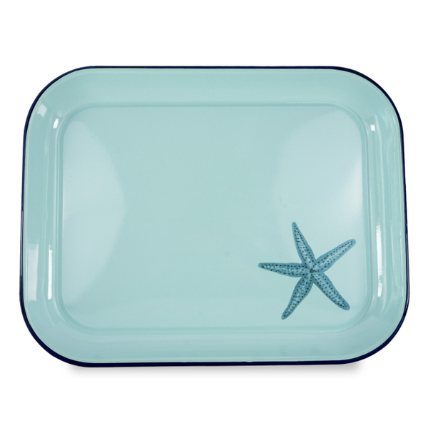 Enamelled tin tray 41.5 x 31.5. Starfish and shell decoration.
