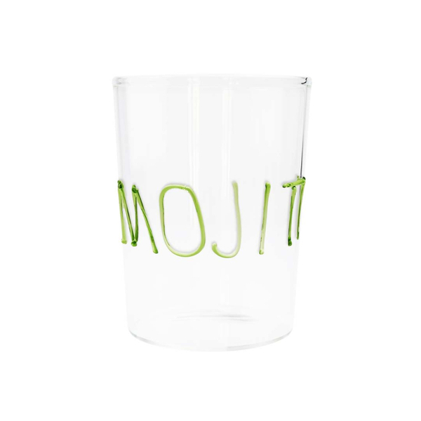 Cocktail glass in boros.glass w/MOJITO lettering handm.in col.glass.Cap.500ml.