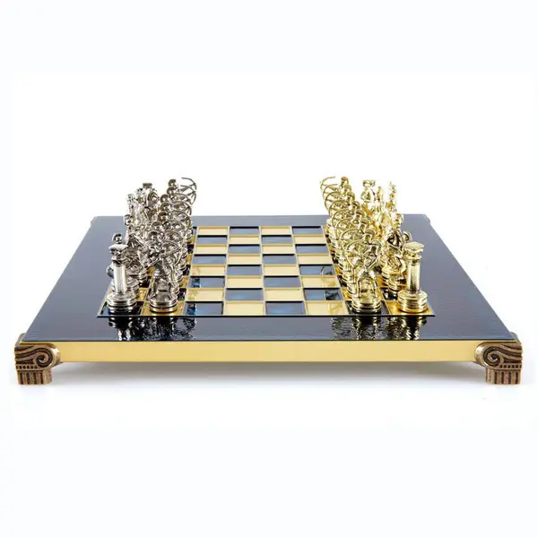 Archers Metal Chess set with Gold & silver Chessmen & 28cm Chessboard in Blue