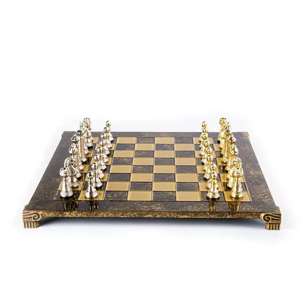 Classic Metal Staunton Chess set with Gold & Silver Chessmen & 44cm Chessboard in Brown