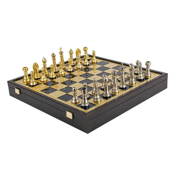 Classic Metal staunton Chess set with Gold & Silver Chessmen & Brown Chessboard 41cm