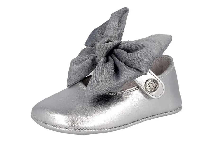  Metallic Leather Pram Shoes with Bow Detail
