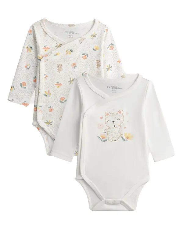 Set of 2 Ecru Baby Bodysuits with Panther Print