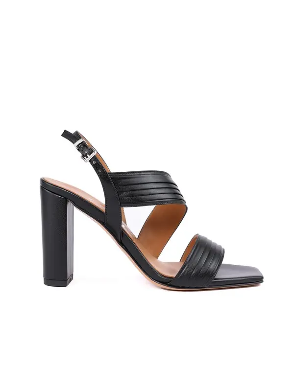 Leather Block Heel Sandals with Ankle Strap and Ruched Detail