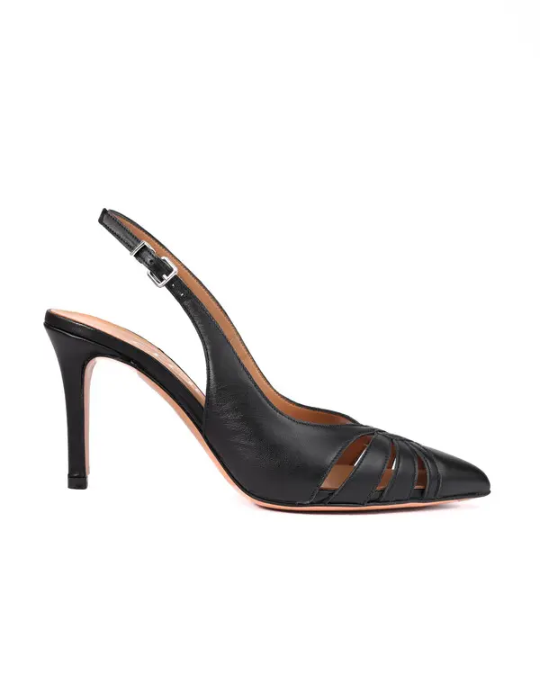 Patent Leather Pointed Toe Slingback Pumps with Cutout Detail