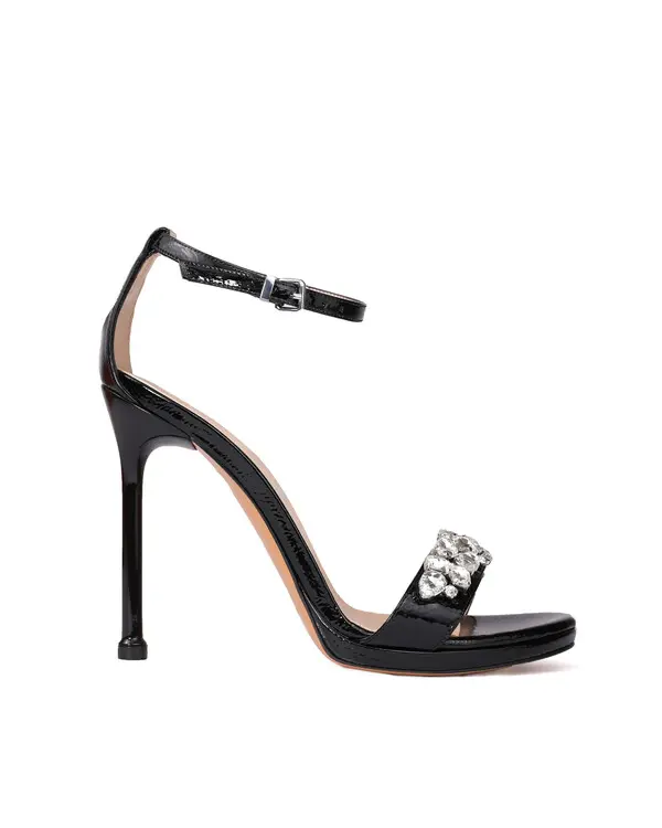 Leather Ankle Strap Sandals with Crystal Embellishment