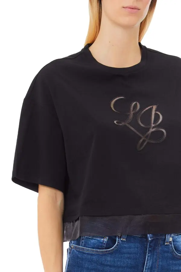 Embroidered LJ lettering with organza T-shirt