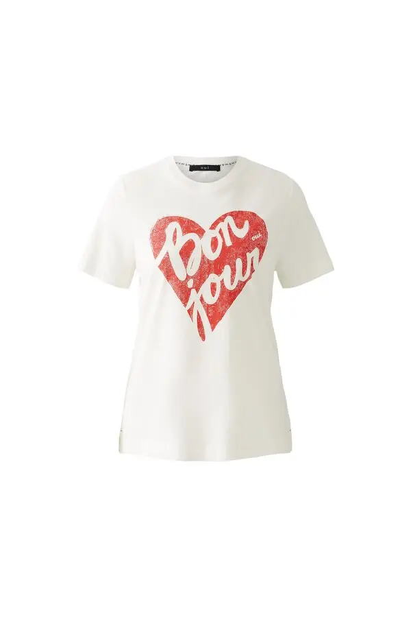  T-Shirt with Red "Bon Jour" Heart Graphic