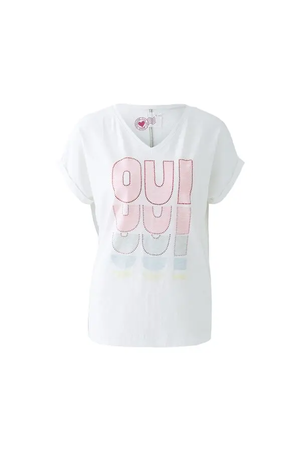  V-Neck T-Shirt with Multi-Colored "Oui" Graphic