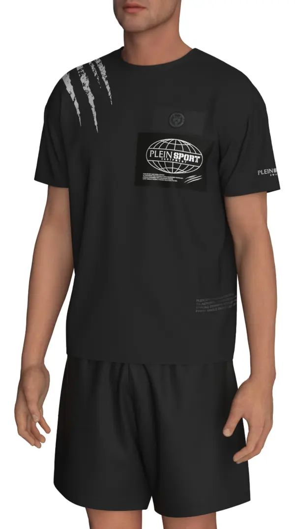 Short Sleeve T-shirt with Scratch Marks and Graphic Patches