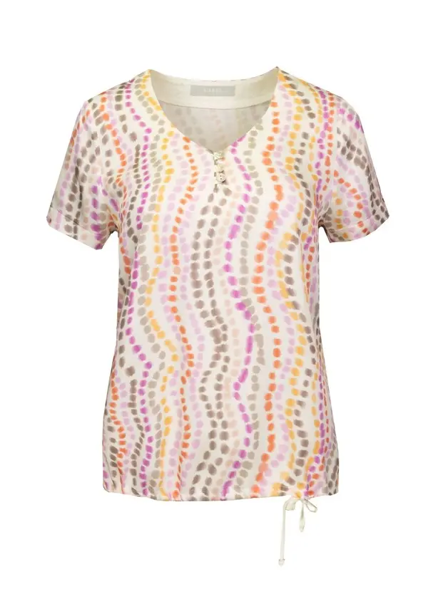 Abstract Dotted V-Neck Blouse with Drawstring Hem
