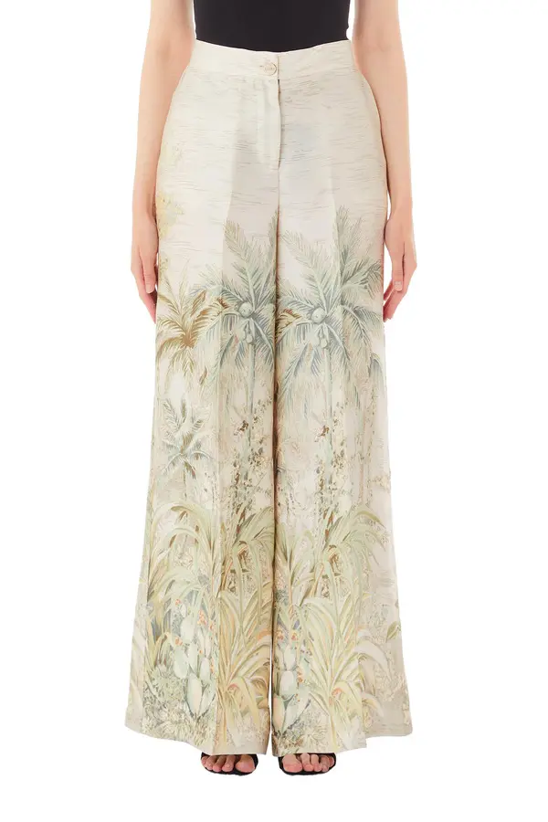 Printed Twill Palazzo Trousers