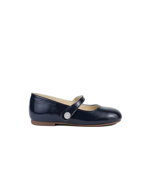 SINGLE STRAP CRYSTAL BUTTON EMBELLISHED PATENT LEATHER BALLERINAS