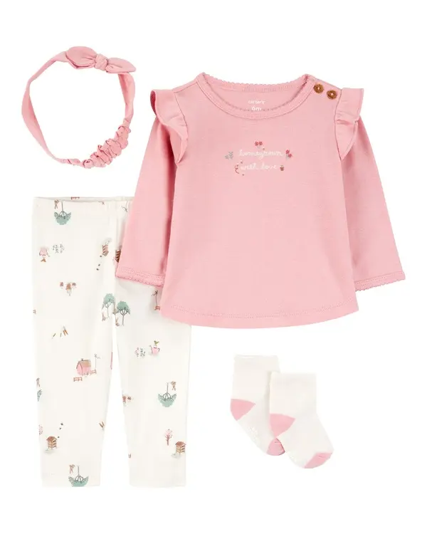 4-Piece Farm Print Outfit Set - White/Pink