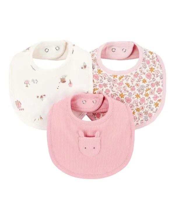 3-Pack Floral Bibs - Pink/Ivory
