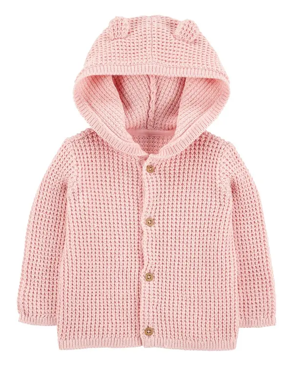 Hooded Waffle Knit Cardigan - Pink