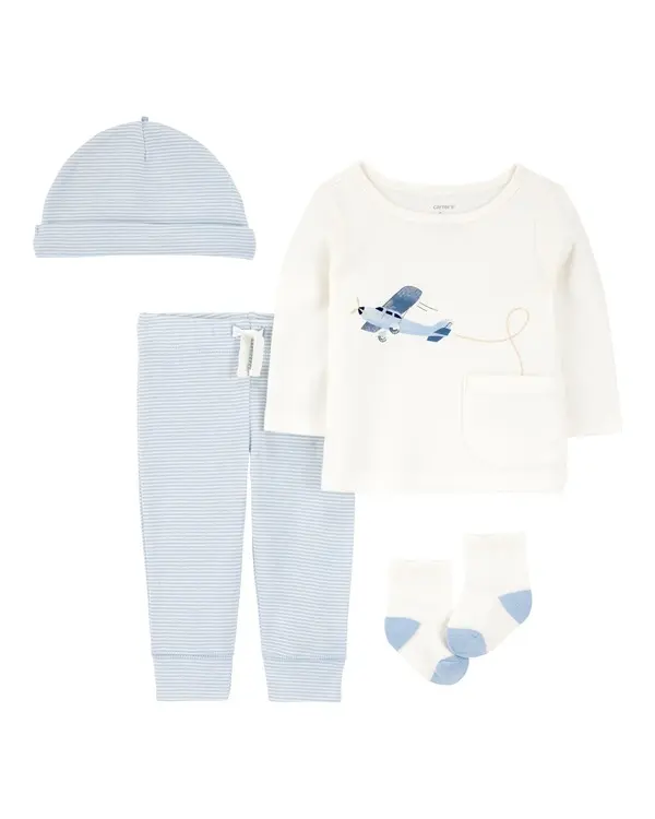 4-Piece Airplane Print Outfit Set - Blue